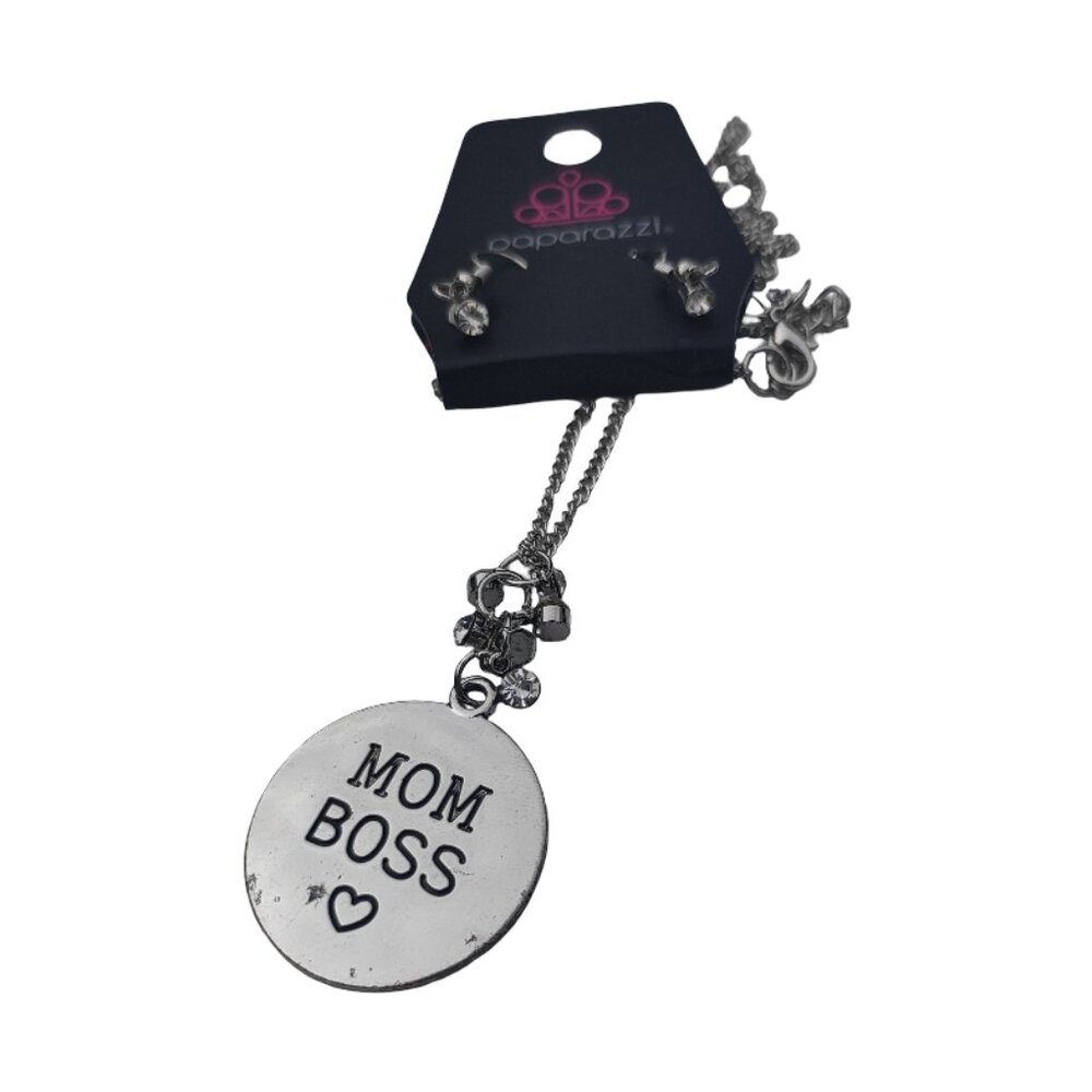 Paparazzi "MOM BOSS" Silver-Tone & White Rhinestone Necklace & Earrings New NWT
